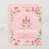 BUDGET Unicorn Face Floral Birthday Uitnodiging (Voorkant / Achterkant)