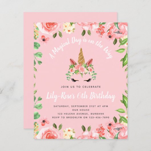 BUDGET Unicorn Face Floral Birthday Uitnodiging (Voorkant / Achterkant)