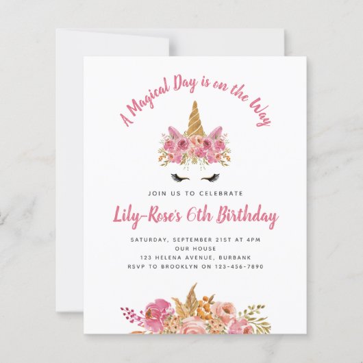 BUDGET Unicorn Face Floral Birthday Uitnodiging (Voorkant)