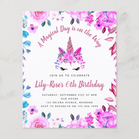 BUDGET Unicorn Face Floral Birthday Uitnodiging Flyer (Voorkant)