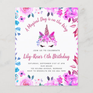 BUDGET Unicorn Face Floral Birthday Uitnodiging Flyer