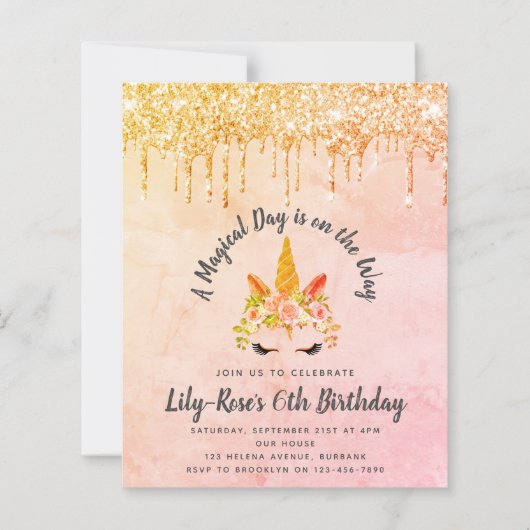 BUDGET Unicorn Face Glitter Birthday Uitnodiging (Voorkant)