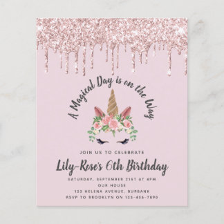 BUDGET Unicorn Face Glitter Birthday Uitnodiging
