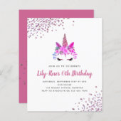 BUDGET Unicorn Face Glitter Birthday Uitnodiging (Voorkant / Achterkant)