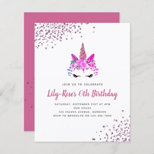 BUDGET Unicorn Face Glitter Birthday Uitnodiging (Voorkant / Achterkant)