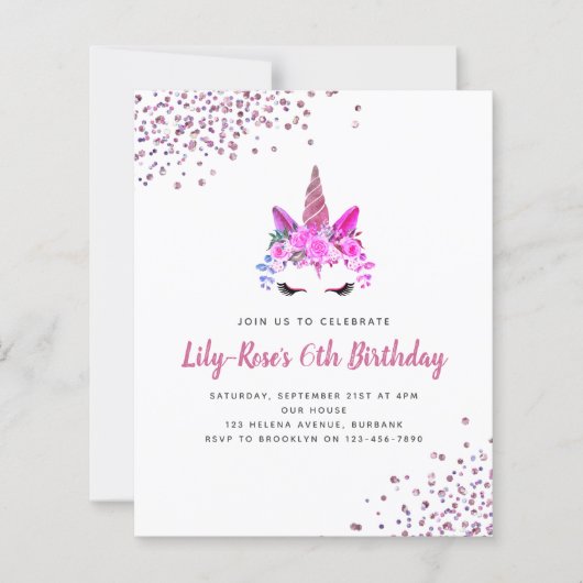 BUDGET Unicorn Face Glitter Birthday Uitnodiging (Voorkant)