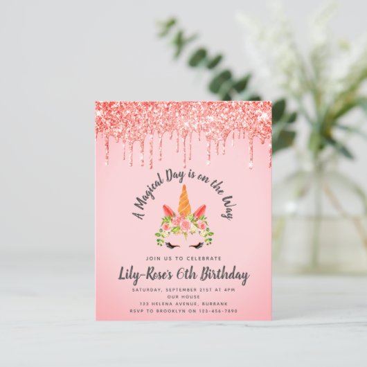 BUDGET Unicorn Face Glitter Birthday Uitnodiging (Staand voorkant)