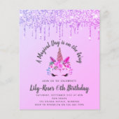 BUDGET Unicorn Face Glitter Birthday Uitnodiging (Voorkant)