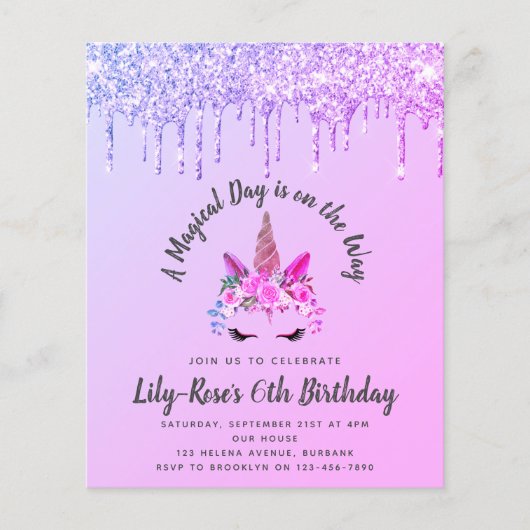 BUDGET Unicorn Face Glitter Birthday Uitnodiging (Voorkant)