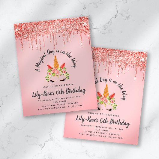 BUDGET Unicorn Face Glitter Birthday Uitnodiging