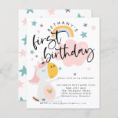 Budget Unicorn Girl 1e verjaardag Uitnodiging (Voorkant / Achterkant)