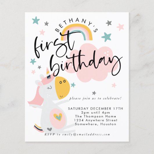 Budget Unicorn Girl 1e verjaardag Uitnodiging (Voorkant)