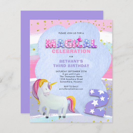Budget Unicorn Magical 3rd Birthday Invitation (Voorkant / Achterkant)
