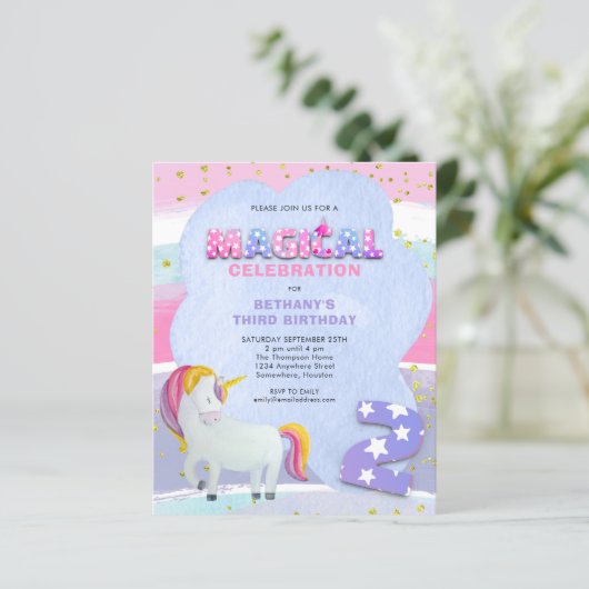 Budget Unicorn Magical 3rd Birthday Invitation (Staand voorkant)