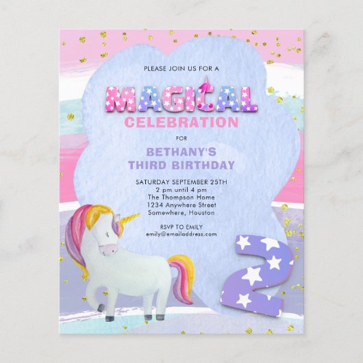 Budget Unicorn Magical 3rd Birthday Invitation (Voorkant)