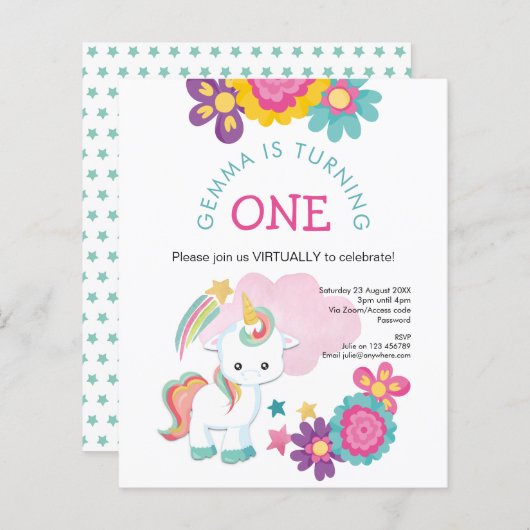 Budget Unicorn Virtuele 1e verjaardag Uitnodiging (Voorkant / Achterkant)