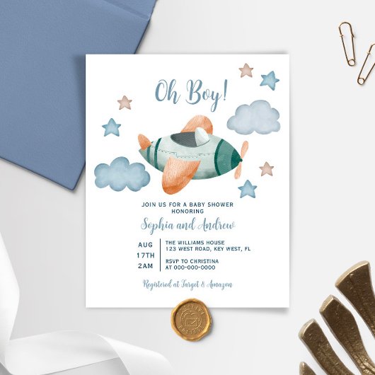 Budget Up and Away Vliegtuig Baby shower Uitnodige