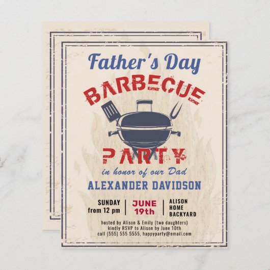 BUDGET Vaderdag Uitnodiging BBQ Party (Voorkant / Achterkant)