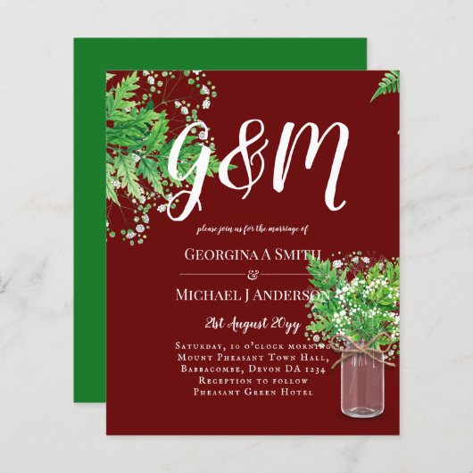 BUDGET Varens Groene Plant Burgundy Trouw Uitnodig (Voorkant / Achterkant)