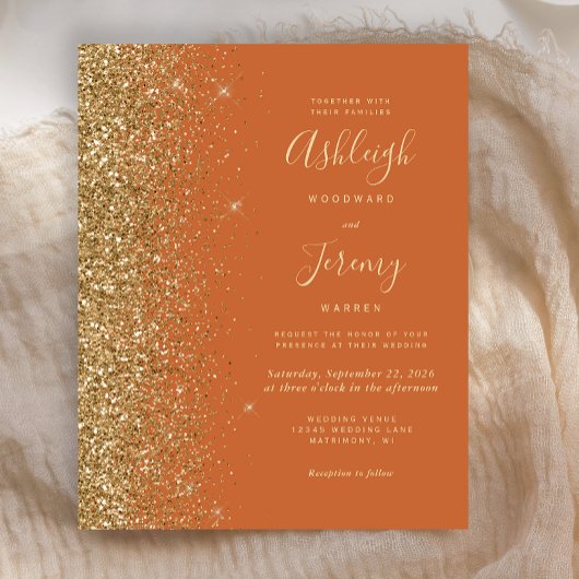 Budget verbrand Oranje goudglitter Wedding Invite