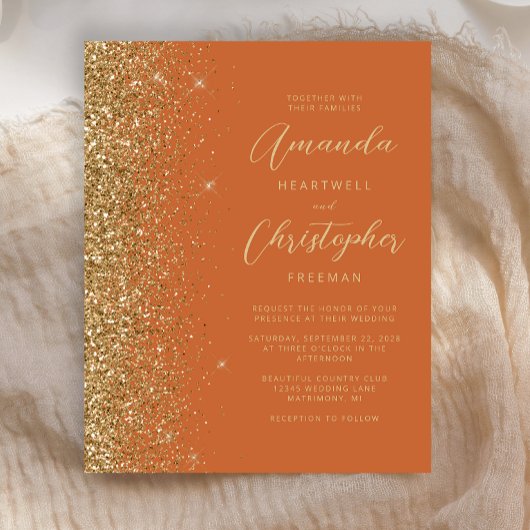 Budget verbrand Oranje goudglitter Wedding Invite