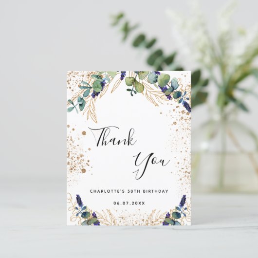 Budget verjaardag 50 eucalyptus bedankkaart (Staand voorkant)