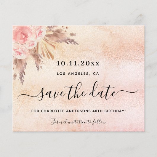 Budget verjaardag pampas blush save the date (Voorkant)