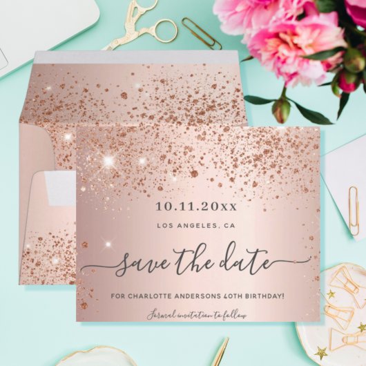Budget verjaardag roos gold save the date card