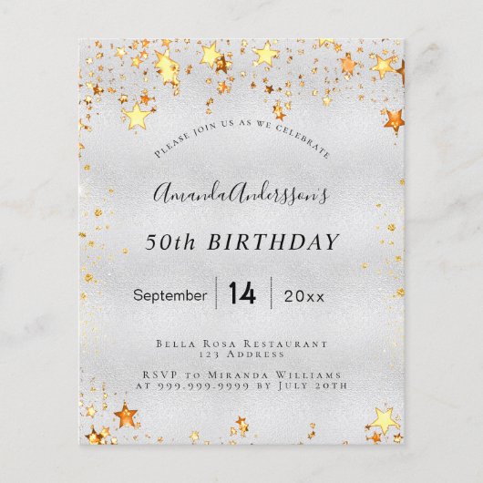 Budget verjaardag zilver gouden sterren uitnodigin (Voorkant)