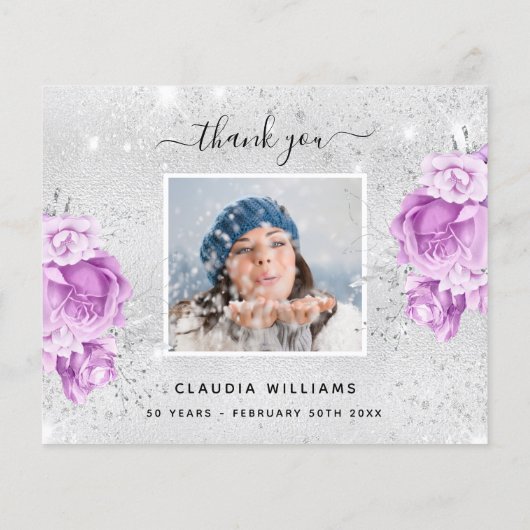 Budget verjaardag zilver paars foto dank je (Achterkant)