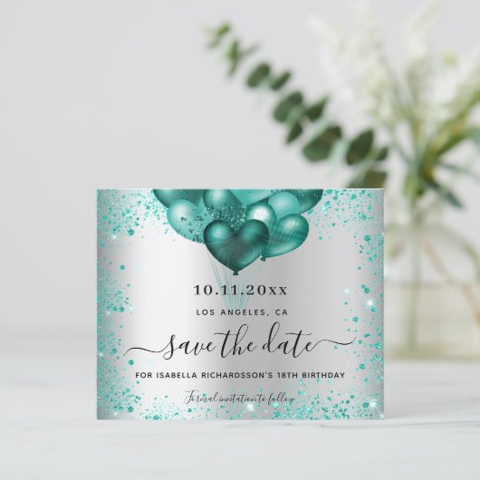 Budget verjaardag zilveren turquoise glitters save (Staand voorkant)