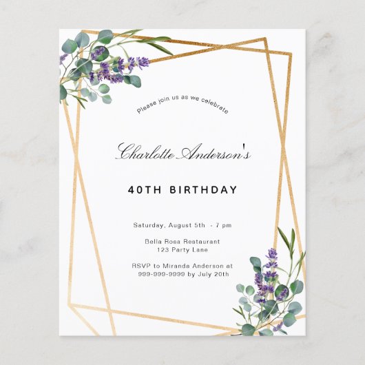 Budget verjaardags eucalyptus lavendel geo uitnodi (Voorkant)