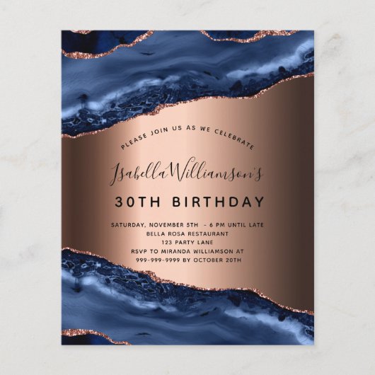 Budget verjaardagsblauw roos gouduitnodiging (Voorkant)