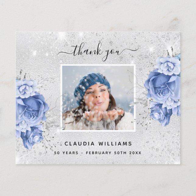 Budget verjaardagsblauwe foto bedankt (Achterkant)