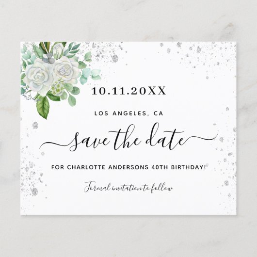 Budget verjaardagsfeestje bloem wit save the date (Voorkant)