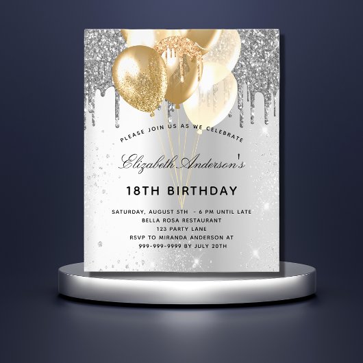 Budget verjaardagsfeestje zilveren ballonnen glitt flyer