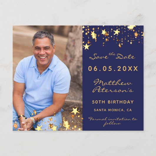 Budget verjaardagsnavy blauwe goudfoto Save the Da (Voorkant)