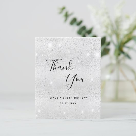 Budget verjaardagszilver glitter-stof bedankt (Staand voorkant)