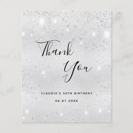 Budget verjaardagszilver glitter-stof bedankt (Voorkant)