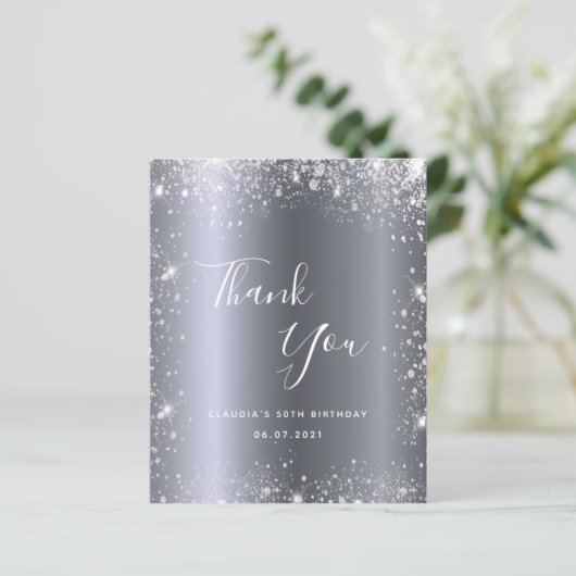 Budget verjaardagszilver glitter-stof bedankt (Staand voorkant)