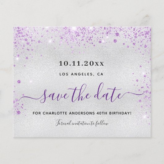 Budget verjaardagszilver paars behalve datum (Voorkant)