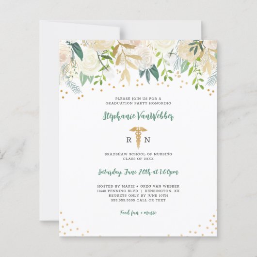 Budget Verpleegster Afstuderen Wit Goud Bloemen (Voorkant)