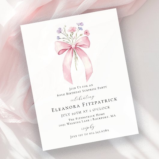 BUDGET VERRASSING 80e verjaardag Roze strik Uitnod