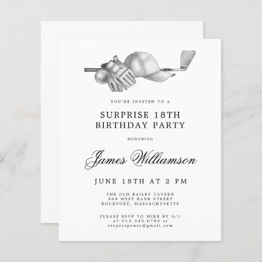 BUDGET Verrassing Golf 18e Verjaardag Uitnodiging (Voorkant / Achterkant)