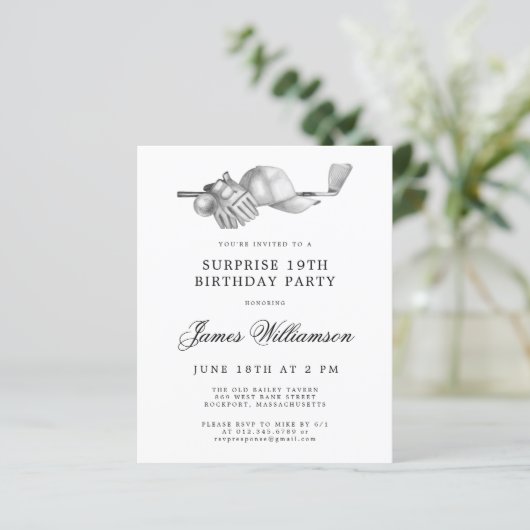 BUDGET Verrassing Golf 19e Verjaardag Uitnodiging (Staand voorkant)