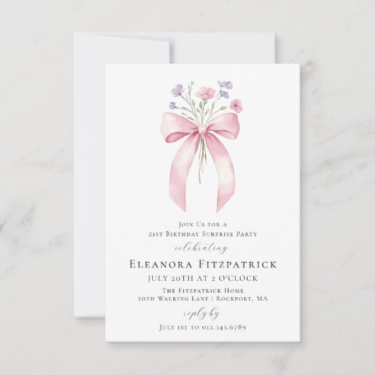 BUDGET VERRASSINGSFEEST 21e verjaardag Bow Uitnodi Kaart (Voorkant)