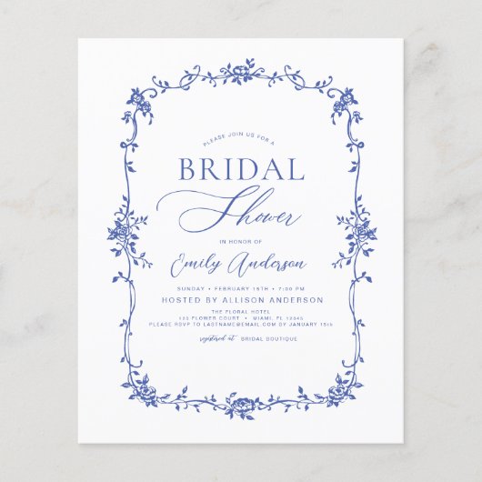 Budget Victoriaans Blauwe Bruids Douche Uitnodigin Flyer (Voorkant)