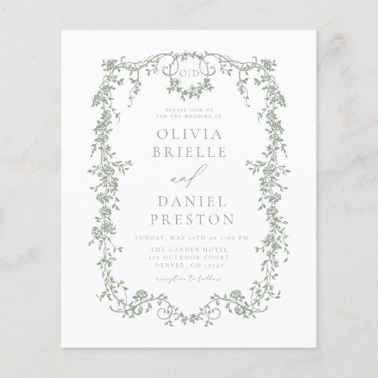 Budget Victoriaans Monogram Franse Groene Huwelijk Flyer (Voorkant)