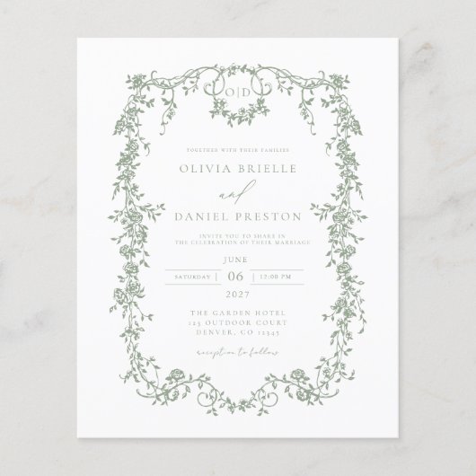 Budget Victoriaans Sage Green Wedding Invitation (Voorkant)