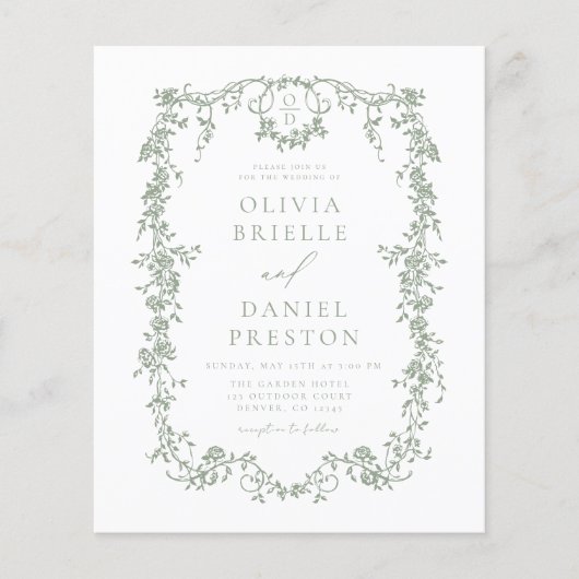 Budget Victoriaans Sage Green Wedding Invitation (Voorkant)